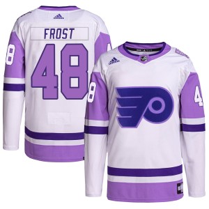 Morgan Frost Men's Adidas Philadelphia Flyers Authentic White/Purple Hockey Fights Cancer Primegreen Jersey