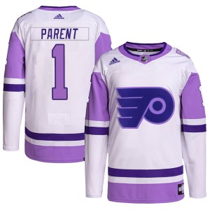 Bernie Parent Men's Adidas Philadelphia Flyers Authentic White/Purple Hockey Fights Cancer Primegreen Jersey
