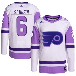 Travis Sanheim Men's Adidas Philadelphia Flyers Authentic White/Purple Hockey Fights Cancer Primegreen Jersey