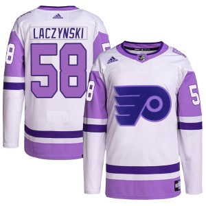 Tanner Laczynski Men's Adidas Philadelphia Flyers Authentic White/Purple Hockey Fights Cancer Primegreen Jersey